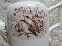 Antik, kézzel festett fehér, barna madármintás porcelán teás kanna szögletes füllel