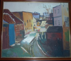 István Szabó: Sopron district, 1983 gallery, oil on wood (street view, landscape) 65x55 cm