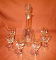 Régi szőlőfürt mintás butella 6 kis talpas pohárral, likőrös, pálinkás készlet, kínáló, üvegpohár