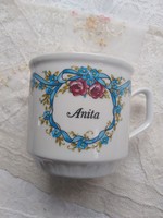 Vintage porcelán bögre Anita felirattal, virágokkal 