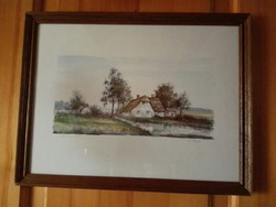 Watercolor depicting a farm.