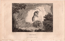 A csapda, rézmetszet 1808, metszet, eredeti, 9 x 13, állat, róka, vad, vadászat, csapdával
