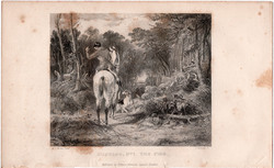 Vadászat no. 1.,  acélmetszet 1839, metszet, eredeti, 10x12, állat, vad, vadász, kutya, találat, ló