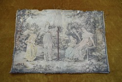 Antik zsáner jelenet falikárpit részlet francia zsakard gobelin szövet 45 x 31 cm sérült 
