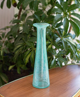 Retro karcagi (berekfürdői) irizáló fátyolüveg váza - türkiz kék repesztett üveg, jég zúzmaramintás