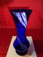 Kék üvegváza, német fehér mintával, magassága 29 cm. Vanneki! Jókai.