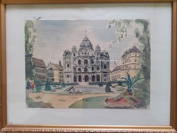 Gyönyörű tér patinás épülettel, jelzett akvarell