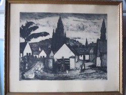 Denke rézkarc aláírással "Falu" nagyon szép   1950-60 as évekből.
