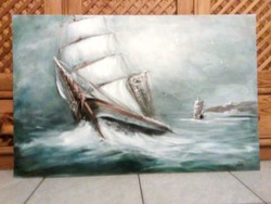 AKCIÓ!"Háborgó tenger hajóval"90 x58 cm-es festmény,életteli,tartós!
