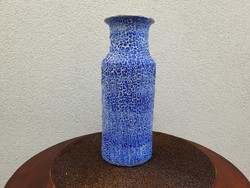 Régi retro repesztett mázas Iparművészeti mid century kerámia kék váza