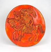 1D185 Jelzett iparművészetis narancs mázas kerámia falitál 24 cm