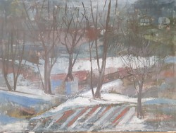SOMOGYI IMRE: Havas domboldal, olaj-farost 1996 (tél, természet, XX. század, modern) téli táj