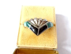 Silver, antique onyx, malachite, turquoise inlet ring 8.5