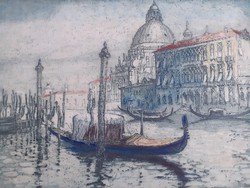 SZ. GYENES LAJOS: Velencei látkép, régi színezett rézkarc (tájkép, városkép, víz, hajó, kikötő)