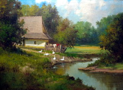 László Csabai pántl (1904 - 1984) rural landscape with a farm with geese