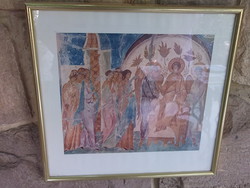 Szerb-pravoszláv (ortodox ?) Ikon  nyomat ü.alatt arany sz.kerettel 29x31 cm
