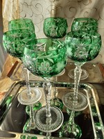 Smaragdzöld ólomkristály boros, 6db os készlet, kézi csiszolású, eredeti, vitrinben tartott