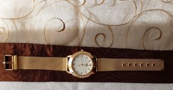 Ladies quartz watch with stones, gold-colored metal strap, stainless steel