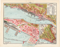 Fiume térkép 1913, magyar nyelvű, eredeti, Révai lexikon, kikötő, tenger, monarchia, Horvátország