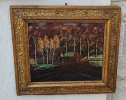 Festmény széles arany keretben.Dekoratív életkép Erdő fahàzzal őszi színek!