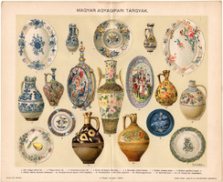 Magyar agyagipari tárgyak, litográfia 1894, színes nyomat, eredeti, magyar nyelvű, holicsi, korsó