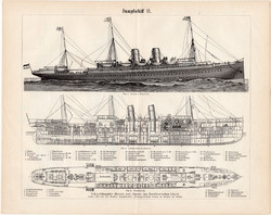 Gőzhajó II., I., egyszín nyomat 1894, német, eredeti, Havel, Spree, gőz, hajó, lexikon melléklet