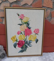Gyönyörű Hímzett  virágos rózsás  kép, nosztalgia darab Gyűjtői szépség sárga rózsás  
