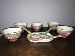 5 db kínai porcelán leveses tál pink színes 3 db kanál + alátét