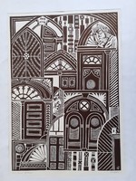 TAVASZY NOÉMI: Lőcsei kapuk (linó) 1975, kollázs-szerű geometrikus, feketefehér, Szlovákia, Felvidék
