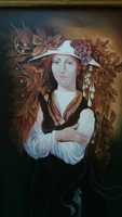 Női portré olaj, vászon festmény szép keretben hibátlan, szignált 120 x 80 cm, felújított keretben!