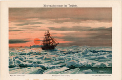 Éjféli fény a zajló jég felett, litográfia 1896, német nyelvű, eredeti, színes nyomat, hajó, óceán