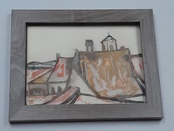 Korényi Attila kortárs festő szentendei háztetők akvarell 1994. keret nélkül