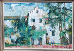 Sarkantyú Simon  (1921-1989) /  Kastély c. Képcsarnokos Festménye Eredeti Garanciával 