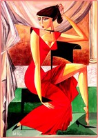 Való Ibolya, Álmodozó hölgy vörös ruhában c. KUBISTA AKT festménye