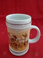 Hollóházi porcelán, mini korsó, barna csíkos, különleges jelenettel. Vanneki!
