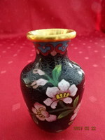 Tűzzománc váza, fekete alapon rózsaszín virággal, magassága 8 cm. Vanneki!
