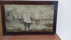 Öreg festmény (talán Balaton) falemezen, hátulján rekeszekkel