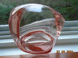 Szecessziós lazacszínű vastagfalú három szögletes kompótos tál dombor csavart mintákkal