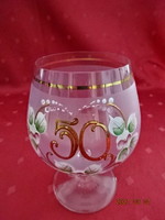 Rózsaszín üveg, koktélos pohár 50. női évfordulóra, magassága 13,5 cm. Vanneki!