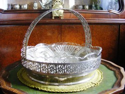Beautiful, antique, large-sized, alpaca, glass inlay, serving bowl with handles, centerpiece