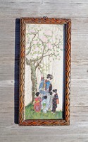 Régi selyemre festett japán jelenetes, jelzett kép