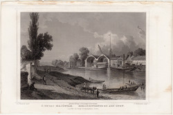 Ó-budai hajógyár, acélmetszet 1860, Hunfalvy, Rohbock, eredeti, Budapest, metszet, Óbuda, Duna, hajó