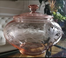 Crystal glass nodule bowl with giant lid in pink serving, 30 cm