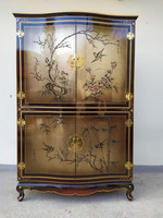 Antik kínai ázsiai bútor festett növény madár motívumos nagy arany lakk ruhás szekrény 3925