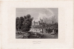 Windsor kastély, acélmetszet 1863, eredeti, 11 x 16, Anglia, Temze, Berkshire, metszet, London