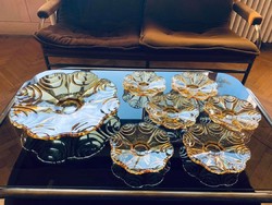 Régi (20. század eleji) sárga üveg süteményes tál 6 tányérral. 