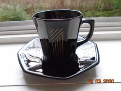 Elegáns ,modern, arany vonalakkal díszített ritka OCTIM Francia fekete opál üveg csésze alátéttel