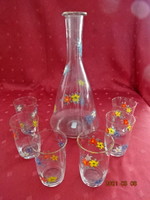 Hand - painted colorful floral wine bottle - decanter - with six glasses. 26 Cm high bath! Jókai.