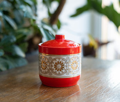 Hollóházi retro porcelán bonbonier - doboz piros és arany festéssel