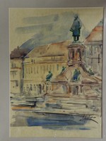 István László : Pécs,Zsolnay szobor, akvarell